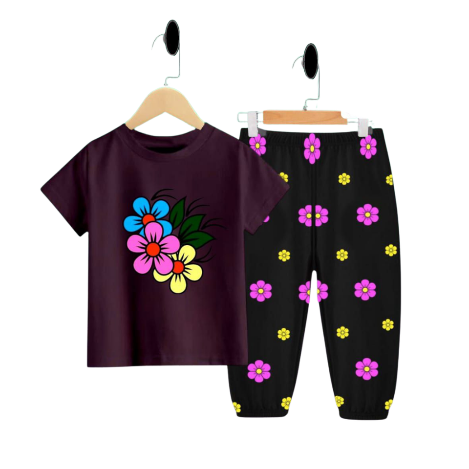 (3–12 Years) Code,102 Bold Bloom Kids Floral Set – Purple Top & Black Pants