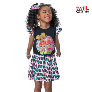 L.O.L. Surprise! Girls Skirt Set 2Pcs Kid Girl Graphic Print Tie Knot Ruffle Sleeve Cotton Tee and Allover Print Skirt Set Blackened White