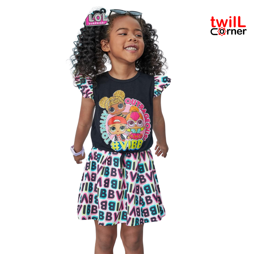 L.O.L. Surprise! Girls Skirt Set 2Pcs Kid Girl Graphic Print Tie Knot Ruffle Sleeve Cotton Tee and Allover Print Skirt Set Blackened White