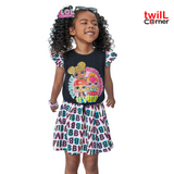 L.O.L. Surprise! Girls Skirt Set 2Pcs Kid Girl Graphic Print Tie Knot Ruffle Sleeve Cotton Tee and Allover Print Skirt Set Blackened White