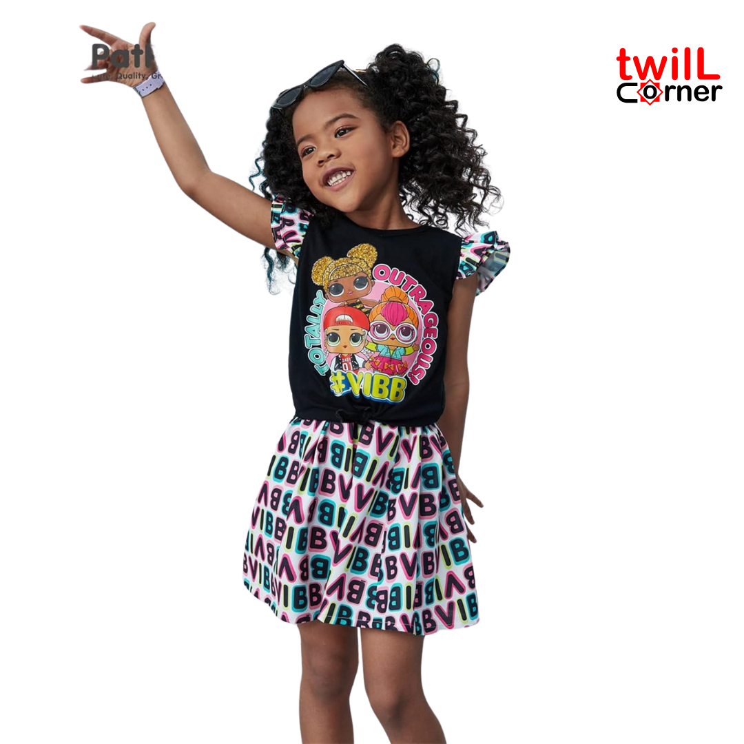 L.O.L. Surprise! Girls Skirt Set 2Pcs Kid Girl Graphic Print Tie Knot Ruffle Sleeve Cotton Tee and Allover Print Skirt Set Blackened White