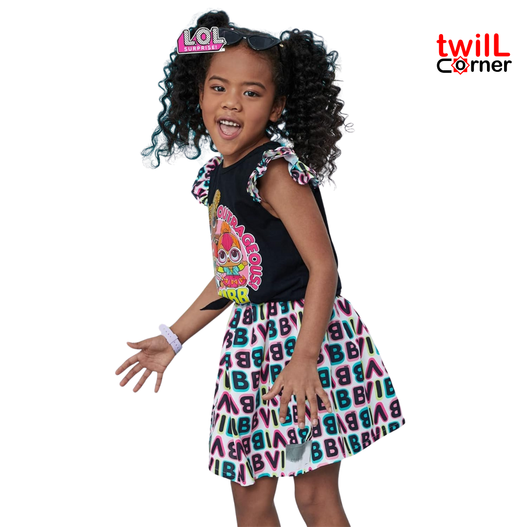 L.O.L. Surprise! Girls Skirt Set 2Pcs Kid Girl Graphic Print Tie Knot Ruffle Sleeve Cotton Tee and Allover Print Skirt Set Blackened White
