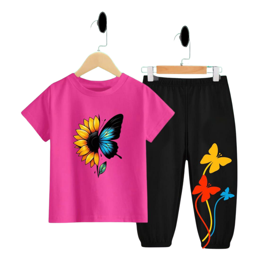 (3–12 Years) Code,104 Butterfly Bloom Kids Set – Pink Sunflower Tee with Printed Pants