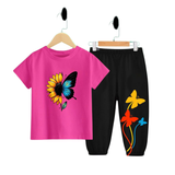 (3–12 Years) Code,104 Butterfly Bloom Kids Set – Pink Sunflower Tee with Printed Pants