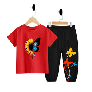 (3–12 Years) Code,105 Butterfly Bloom Kids Set – Red Sunflower Tee with Butterfly Pants