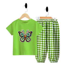 (3–12 Years) Code,16 Vibrant Green Butterfly Delight Set – Artistic Tee & Checkered Pants