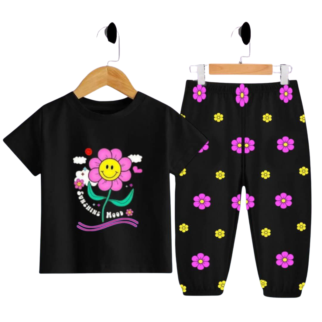 (3–12 Years) Code,21 Sunshine Mood Black Floral Kids Outfit – Cheerful Tee & Matching Pants