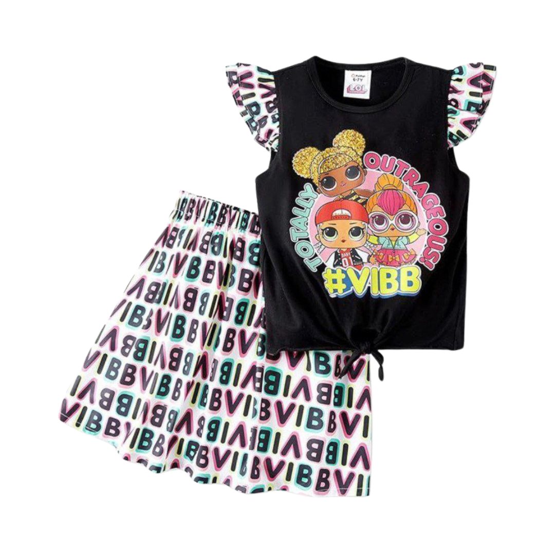 L.O.L. Surprise! Girls Skirt Set 2Pcs Kid Girl Graphic Print Tie Knot Ruffle Sleeve Cotton Tee and Allover Print Skirt Set Blackened White