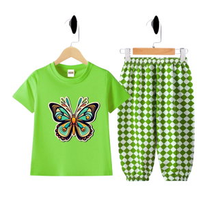(3–12 Years) Code,16 Bright Butterfly & Checker Print Green Kids Outfit