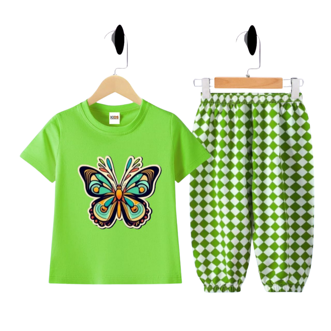 (3–12 Years) Code,16 Bright Butterfly & Checker Print Green Kids Outfit