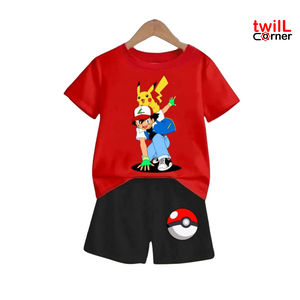 Red Premium Boy With cat Print T-shirt set