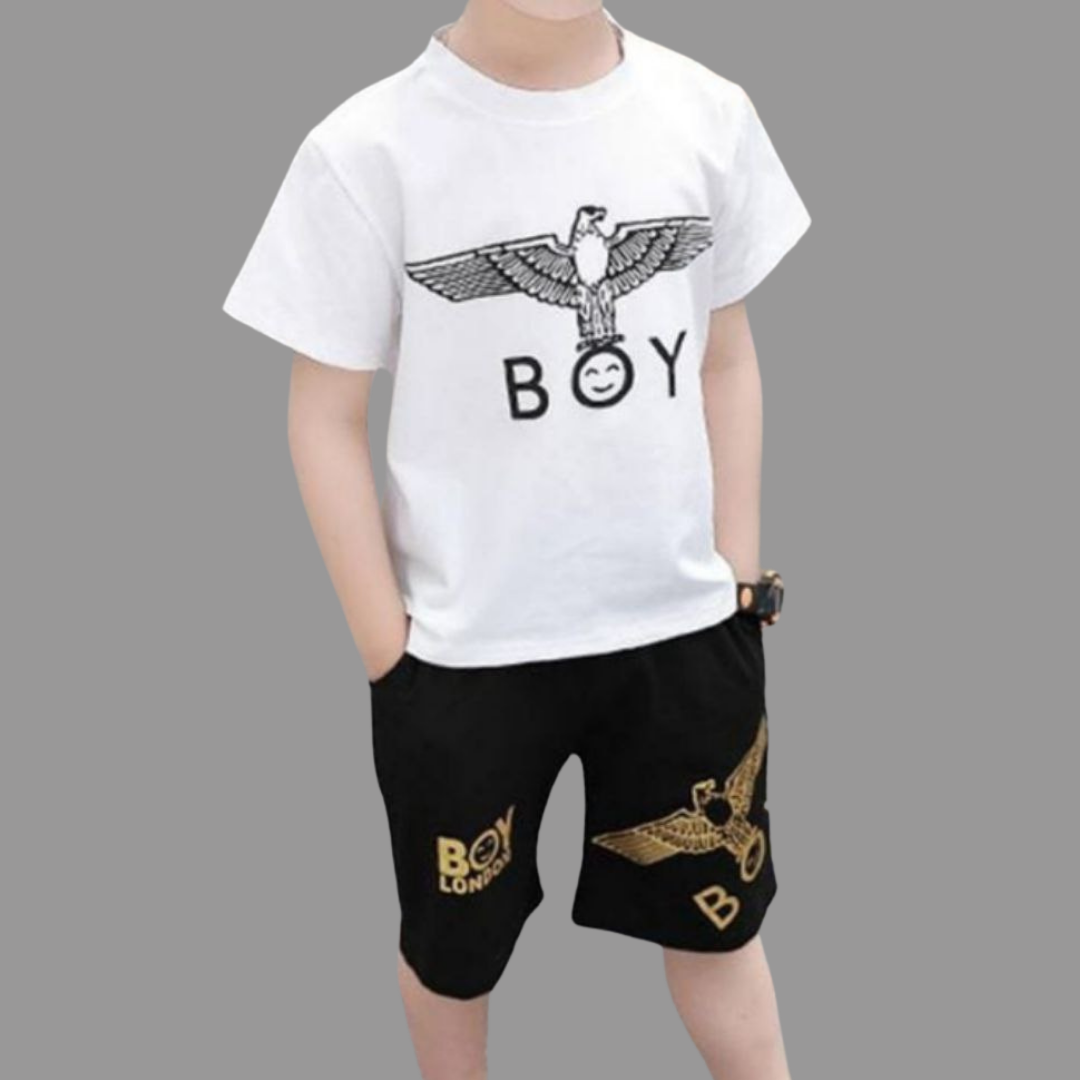(1–10 Years) BOY Eagle Print White & Black Summer Set for Boys