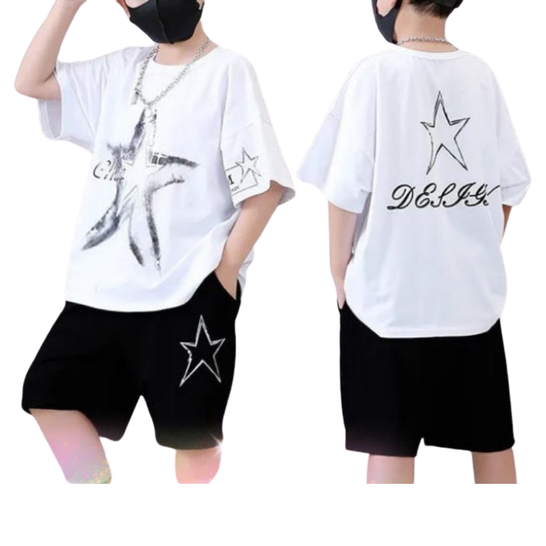 (1–10 Years) Star Graphic Streetwear Set for Boys – White & Black Edition