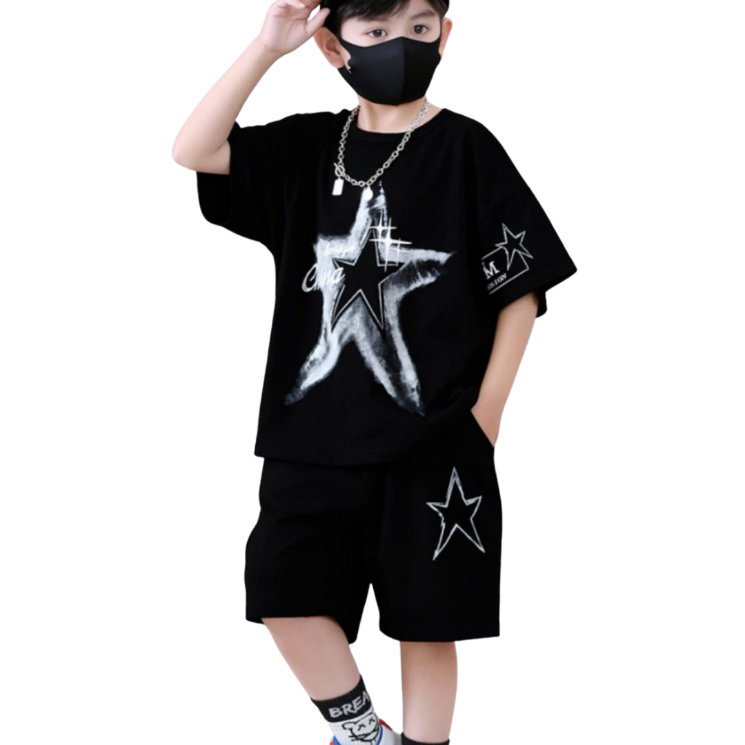 (1–10 Years) Bold Star Streetwear Set for Boys – All Black Edition