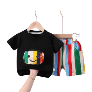 (6M to 6Y) Rainbow Smile Striped Shorts Set,