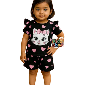 (6 Months to 6 Years)Cute Kitty Love Heart Baby Girl Set – Black & Pink