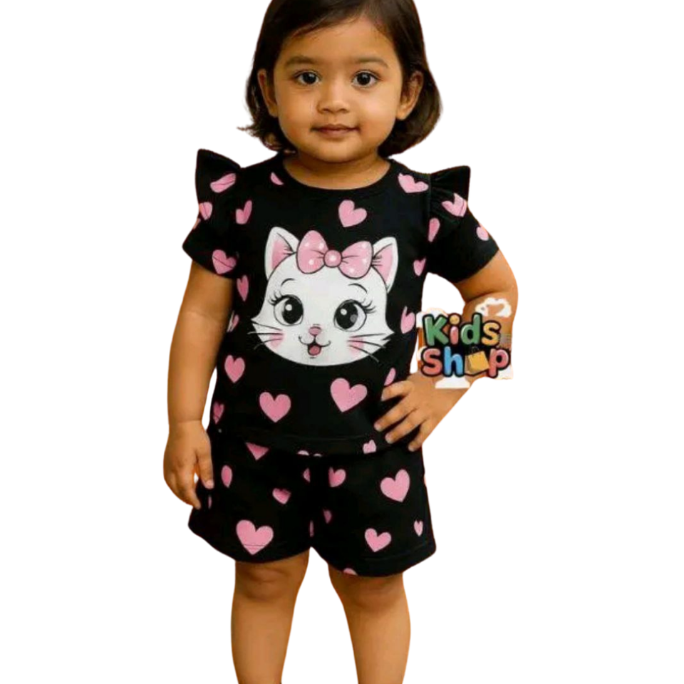 (6 Months to 6 Years)Cute Kitty Love Heart Baby Girl Set – Black & Pink