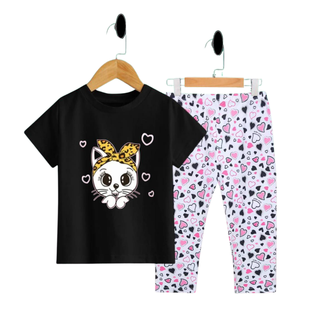 (3–12 Years) Code,108 Chic Kitty Love Set – Black T-Shirt with Printed Heart Leggings for Girls