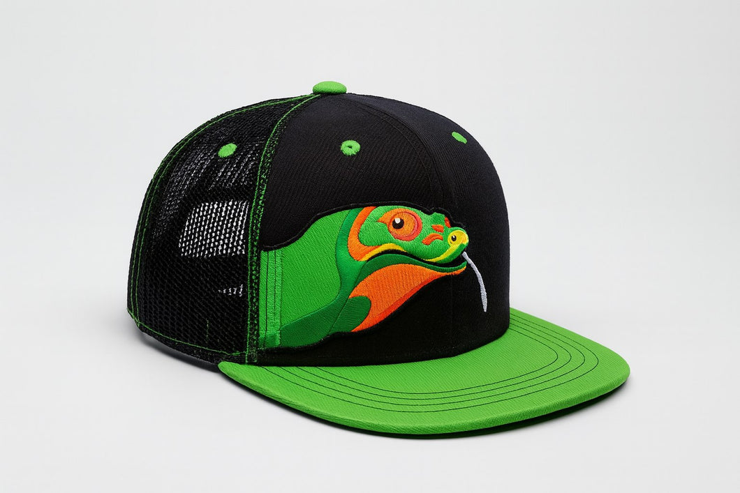 (5Y–18 Years)Kids Green Snake Adventure Cap – Black & Neon Edition