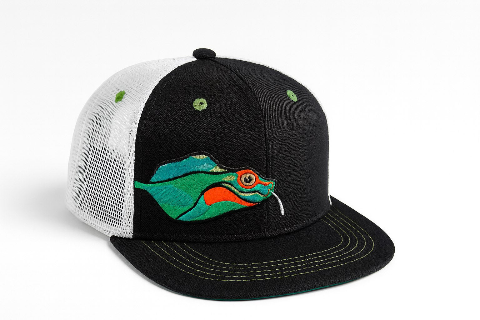 (5Y–18 Years) Kids Black & White Trucker Cap with Colorful Stingray Embroidery