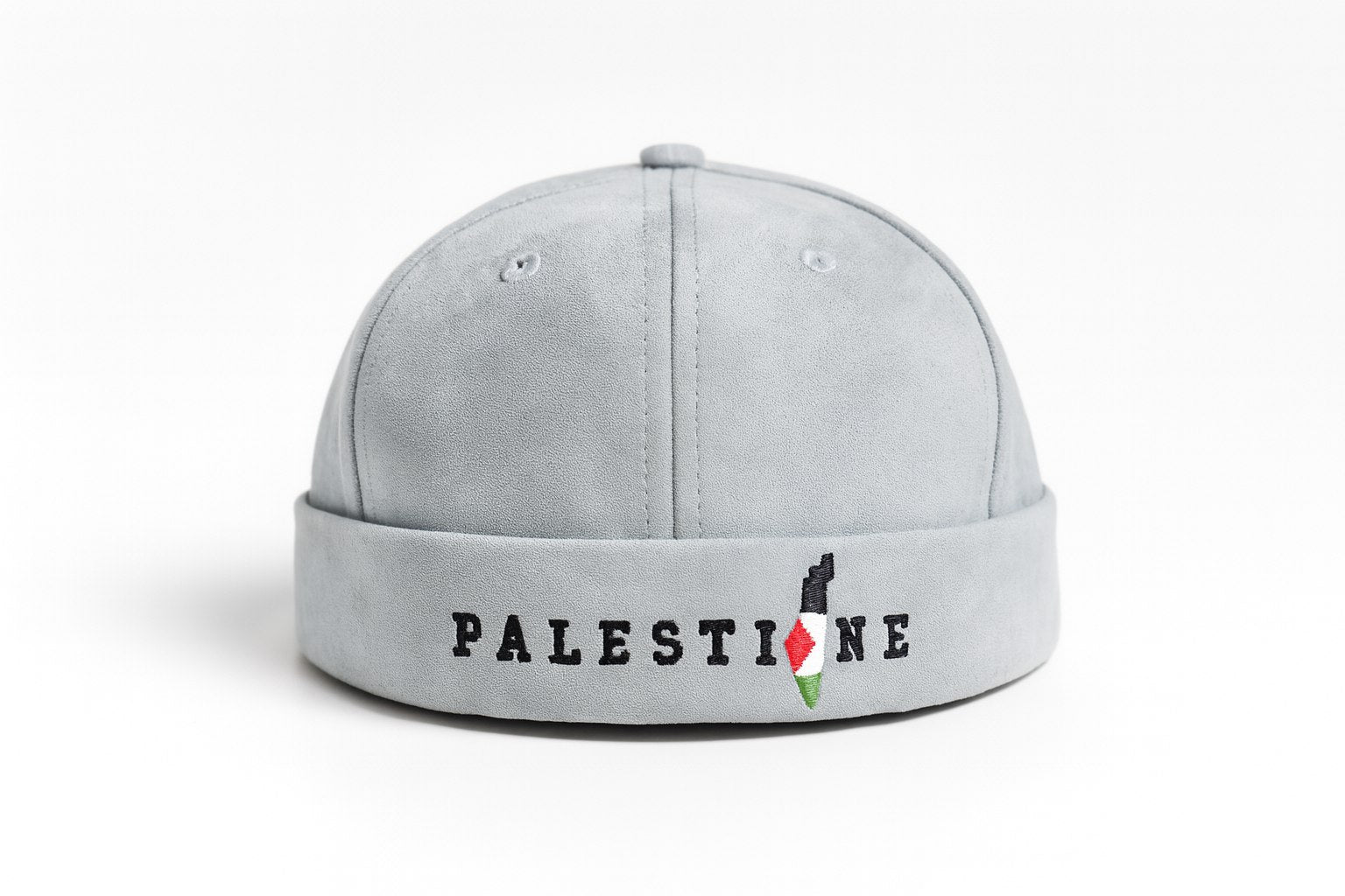 ( Men’s ) Grey Suede Docker Cap with “PALESTINE” Embroidery