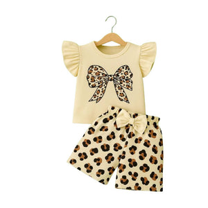 ( 6M to 6Y ) Girls’ Leopard Bow Summer Outfit Set, KW