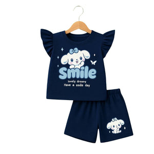 ( 6M to 6Y ) Cute Navy Blue Smile Print Outfit Set for Girls, KW