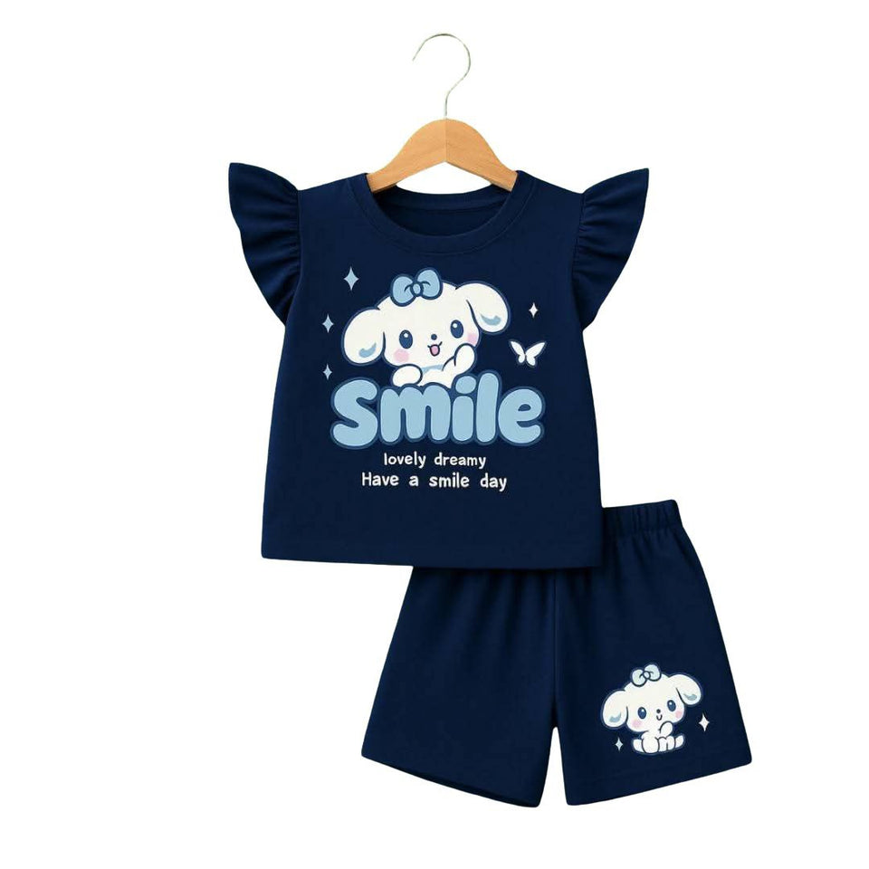 ( 6M to 6Y ) Cute Navy Blue Smile Print Outfit Set for Girls, KW