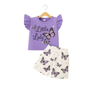 ( 6M to 6Y ) Purple Butterfly “Little Lady” Kids Outfit – T-shirt & Shorts Set, KW