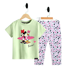 (3–12 Years) Code,107 Forever Friends Outfit – Cartoon Tee & Heart Print Leggings for Girls