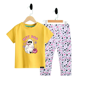 (3–12 Years) Code,106 Hey Boo! Yellow Ghost Print Tee & Heart Leggings Set for Girls