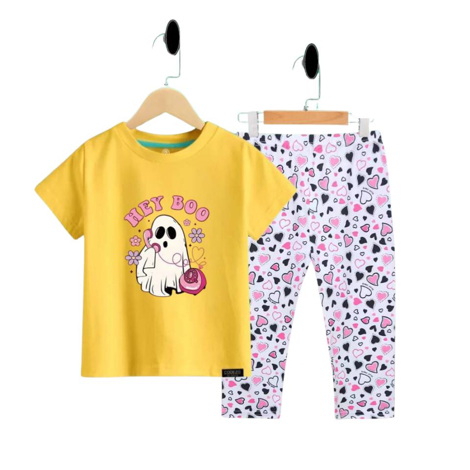 (3–12 Years) Code,106 Hey Boo! Yellow Ghost Print Tee & Heart Leggings Set for Girls
