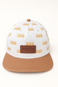 (5Y–18 Years) BRO Print Snapback Cap – White & Tan Streetwear Style