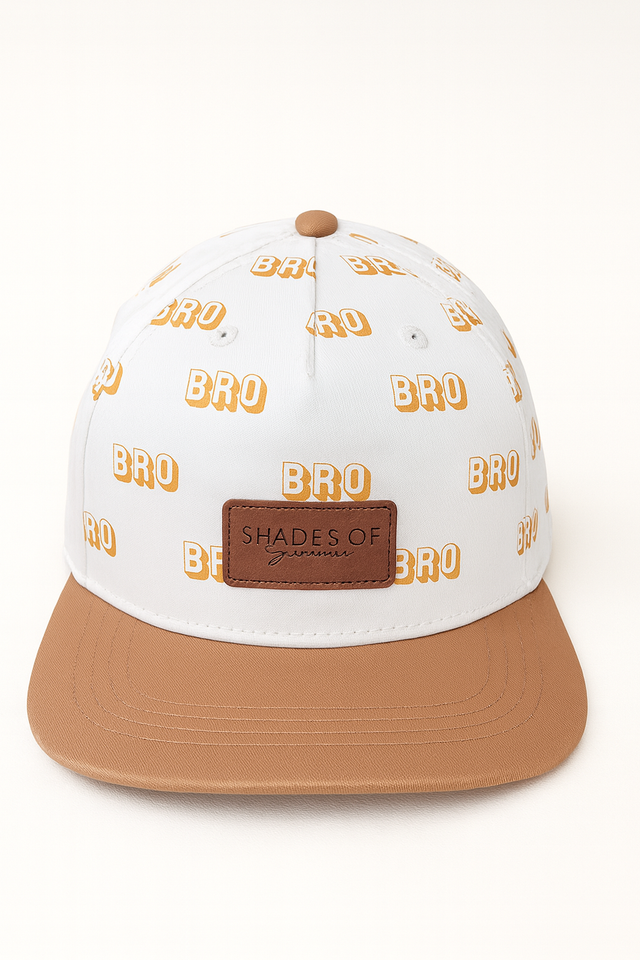 (5Y–18 Years) BRO Print Snapback Cap – White & Tan Streetwear Style