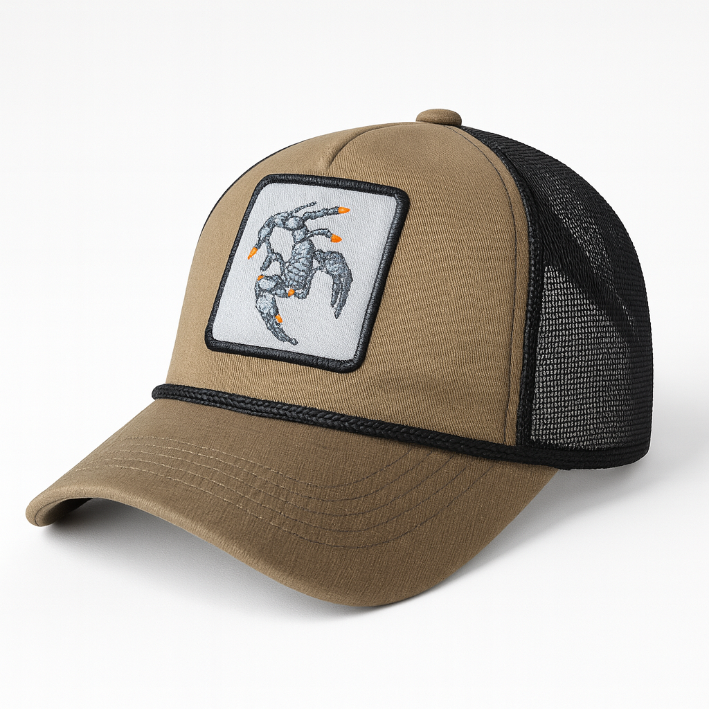 Men’s Scorpion Patch Trucker Cap – Khaki & Black Mesh Edition