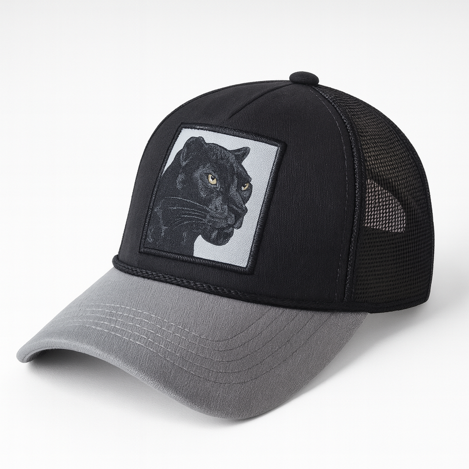 Men’s Black Panther Patch Trucker Cap – Black & Grey Edition