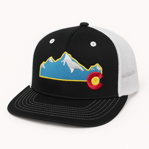 Colorado Peaks Embroidered Snapback Trucker Cap – Black & White Mesh