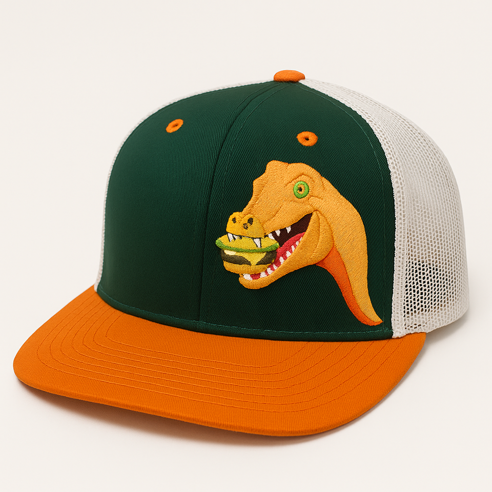Dino Burger Snapback Cap – Bold Green & Orange Design for Trendy Kids