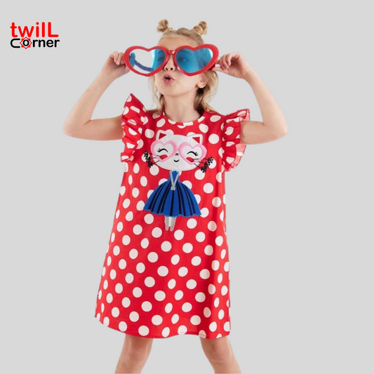 Denokids Polka Dot Puppy Girl Poplin Dress