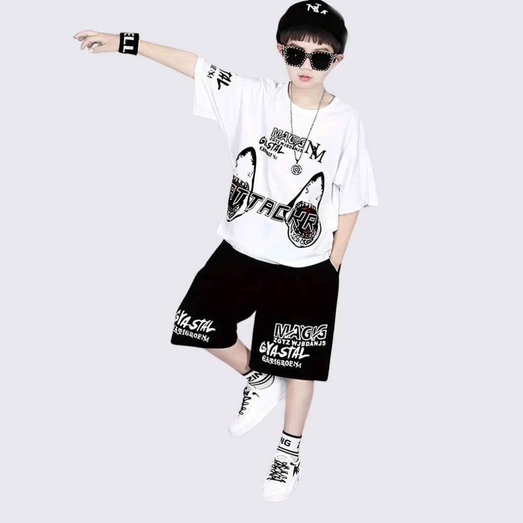 (2–10 Years)Code,112. Urban Attack Kids’ Hip-Hop Summer Set – White & Black Street Style Outfit