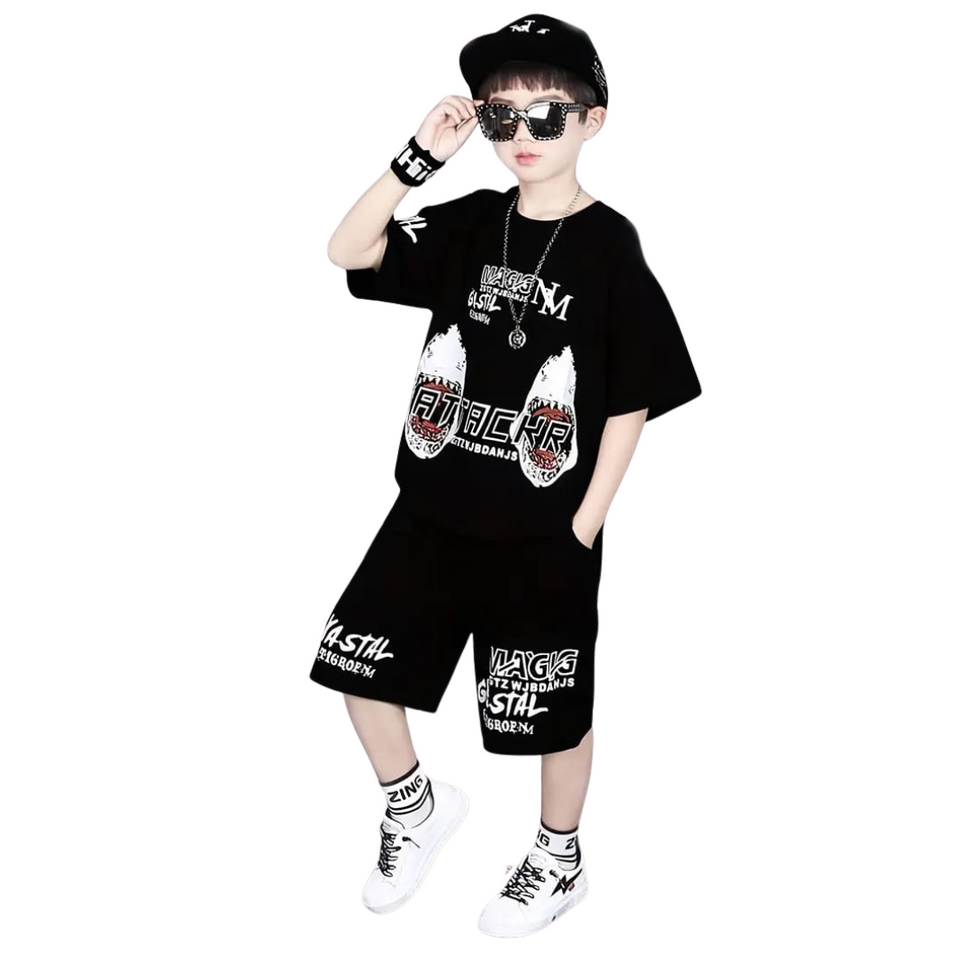 (2–10 Years)Code,113. Urban Shark Black Streetwear Set – Bold Summer Outfit for Boys