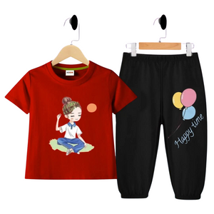 ( 4 Years )Code,23 Happy Time Red Cartoon Girl Set – Comfy & Cute Outfit for Kids