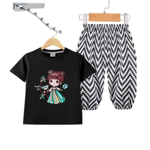 (2Y–6 Years) Code,13 Chic Cartoon Girl & Zigzag Print Co-Ord Set for Girls