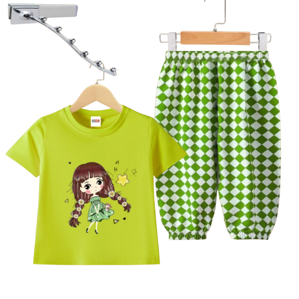 (2Y–4 Years) Code,15 Lime Green Princess Tee & Diamond Print Pants Set