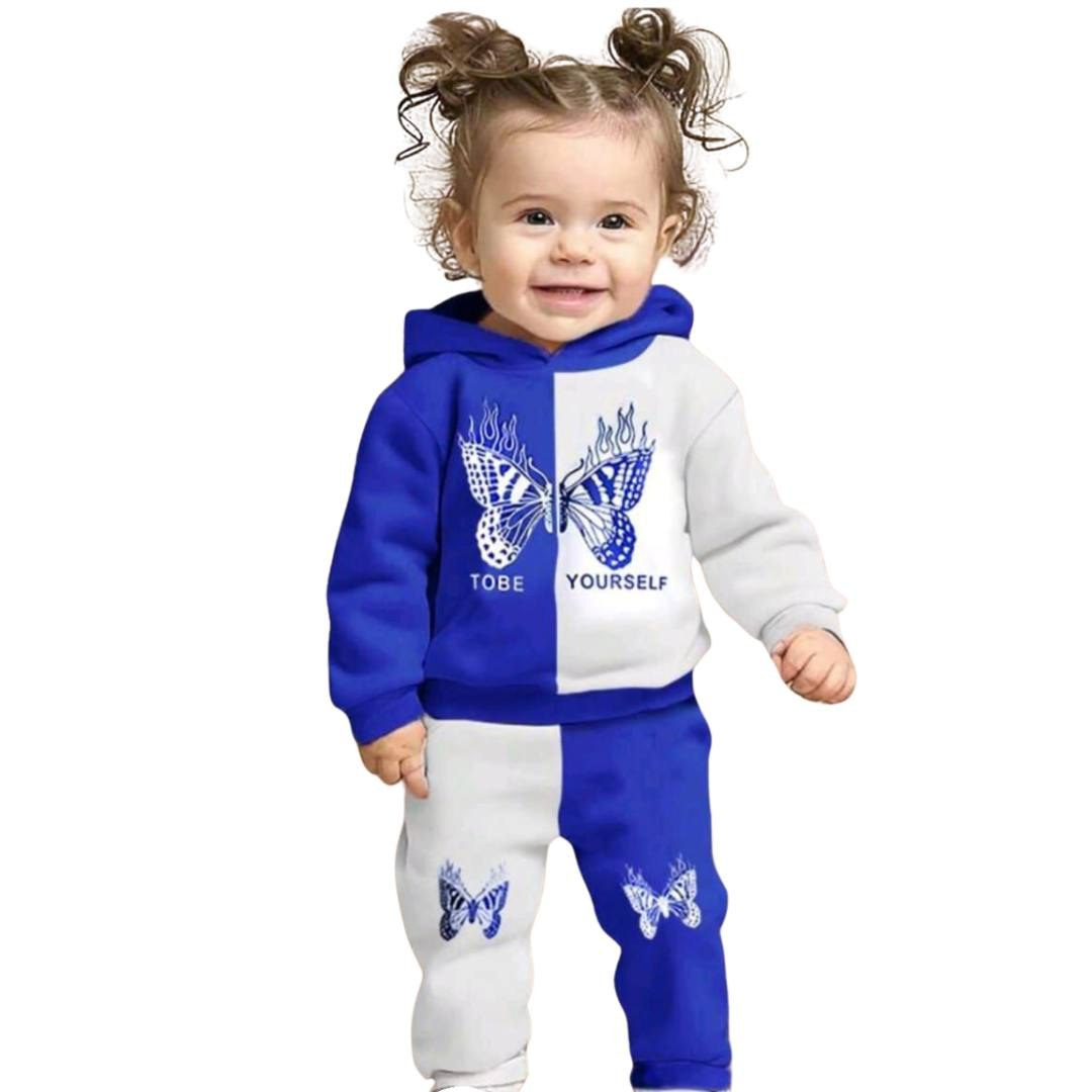 (6M–8Y ) Blue & White Butterfly Hoodie Set – “Be Yourself” Winter Outfit
