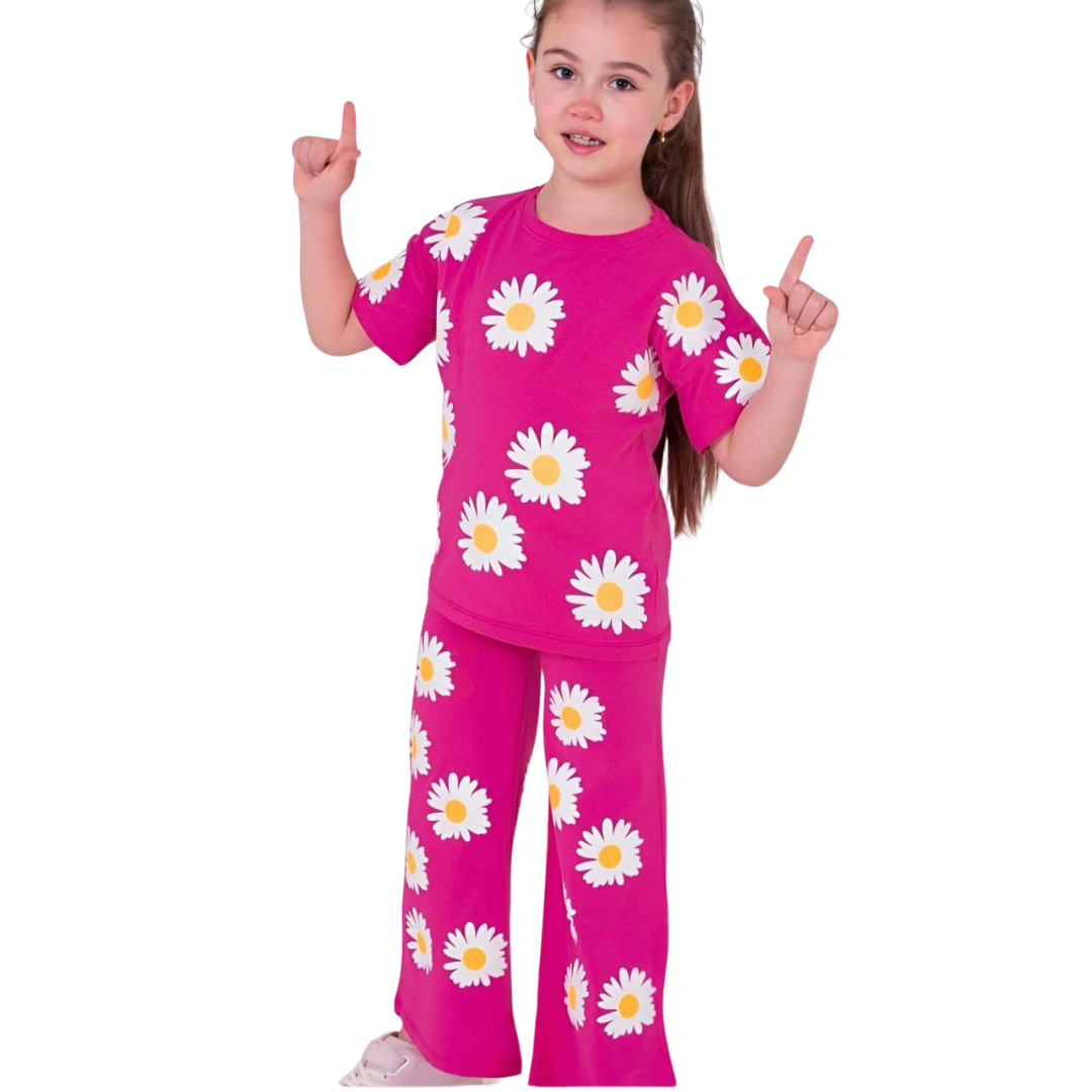 ( 3Y–12 Years) Code:p.9) Bold Blossom Daisy Co-Ord Set for Girls – Deep Pink Edition