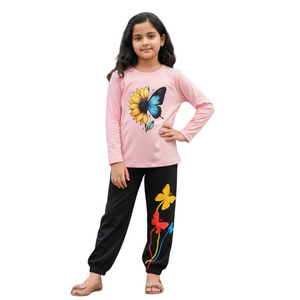 (3Y–12 Years) Code 120 Sunflower & Butterfly Girls’ Full Sleeve Pajama Set – Cozy Style