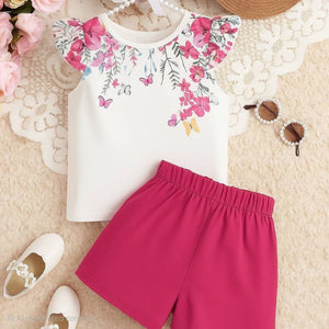 ( 6M to 6Y ) Elegant Floral Flutter Sleeve Top & Shorts Set for Girls
