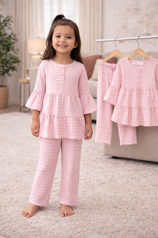 (1Y–8Y ) Girls Soft Pink Printed Top & Pants Set – Comfortable Everyday Wear