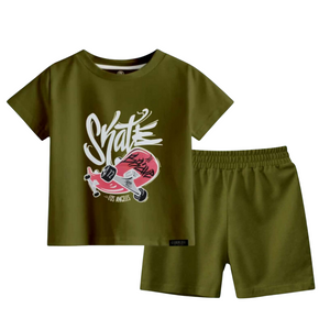 (2Y–8 Years) Code,51 Skateboard Style Summer Shorts Set – Olive Green